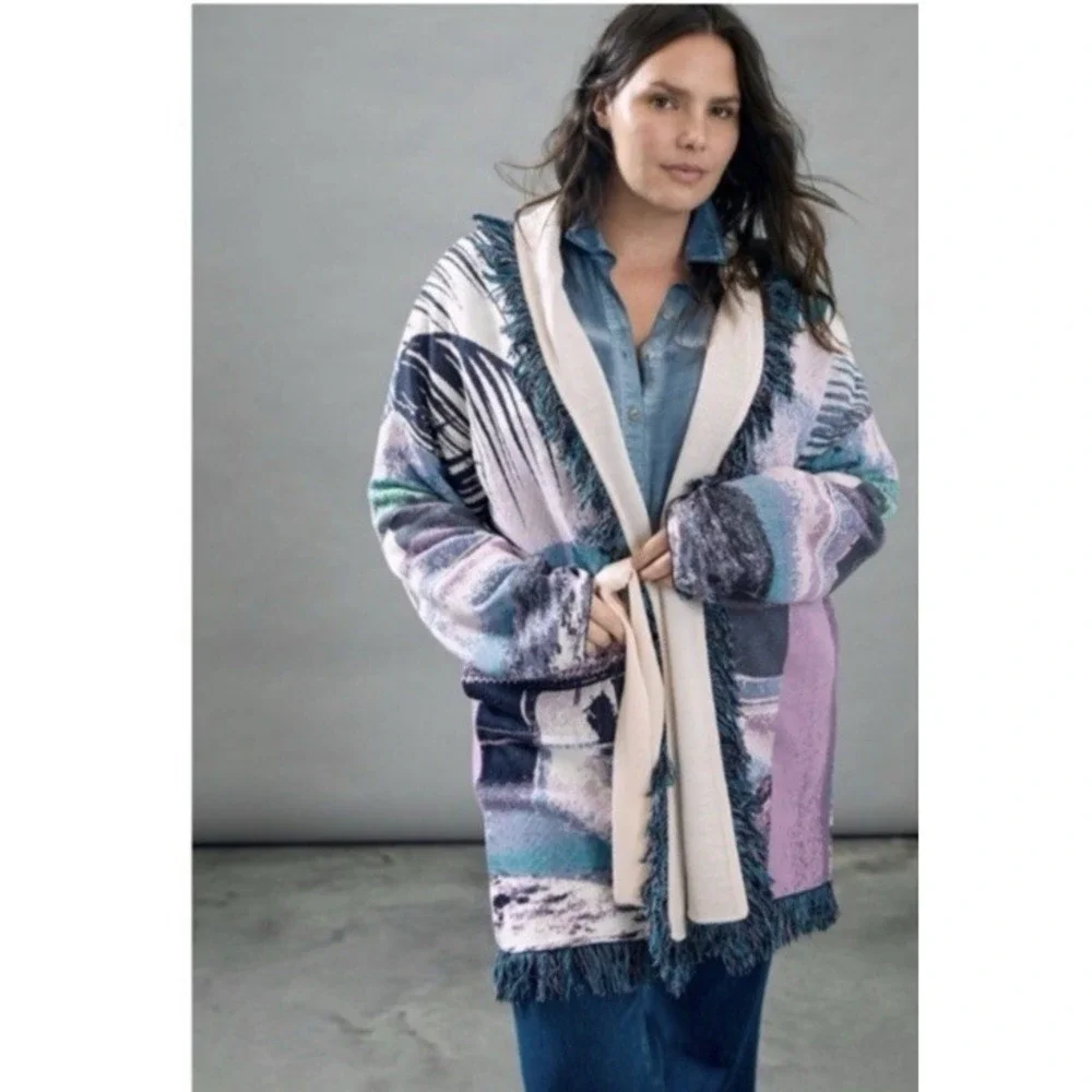 Anthropologie Aldo Martins Tropical Boho Fringed Cardigan with Pockets No Belt - Picture 3 of 10